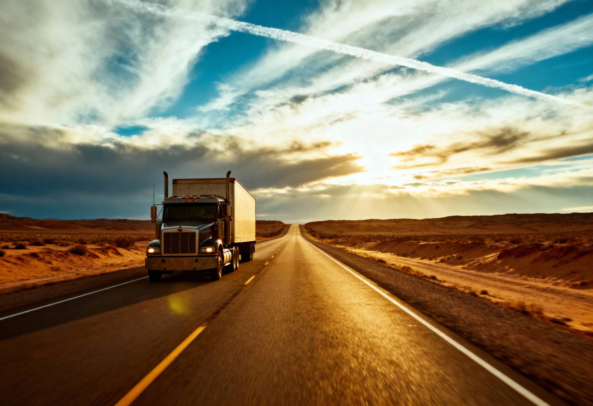 A semi truck on a desert highway at sunset
